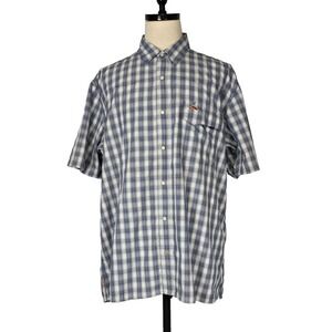 Simms Fishing Shirt Mens 2XL Blue Plaid Short Sleeve Pearl Snap Button Up Vented